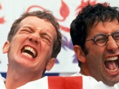 David Baddiel jokes he’ll ‘waive the royalties’ as Harry Styles belts out Three Lions at Wembley