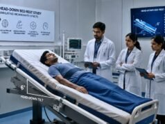 Three Indian volunteers lay head-down for 7 days to simulate effects of space
