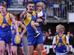 West Coast Eagles premiership player Jamie Cripps farewells fans at Optus Stadium