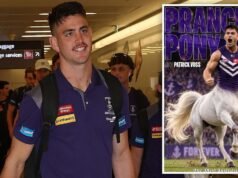 Fremantle spearhead Patrick Voss reacts to The West Australian’s ‘Prancing Pony’ poster